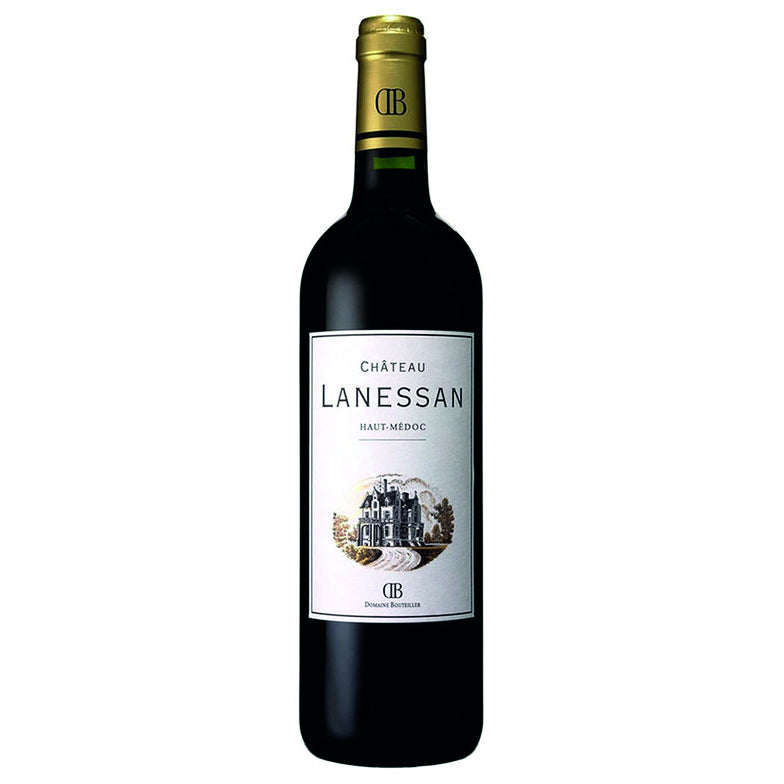 A bottle of Chateau Lanessan red wine. It has a white label with black writing and a gold foil capsule.