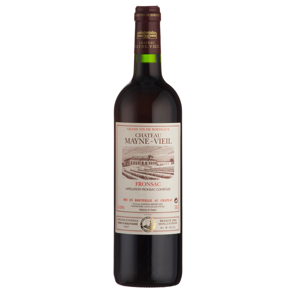 A bottle of Chateau Mayne Vieil Red wine. It has a rustic beige label with a dark red foil capsule,