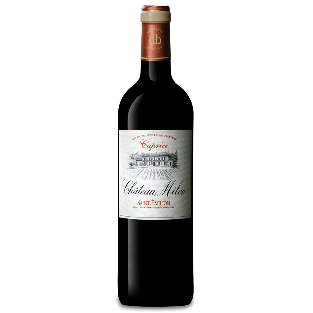 A bottle of Chateau Milon Saint-Emilion red wine, featuring a dark glass bottle with a white and red label and a gold foil neck seal, set against a plain white background.