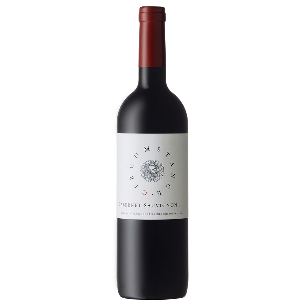 A bottle of Circumstance Cabernet Sauvignon red wine, featuring a dark glass bottle with a white label and a dark red foil capsule, set against a plain white background.