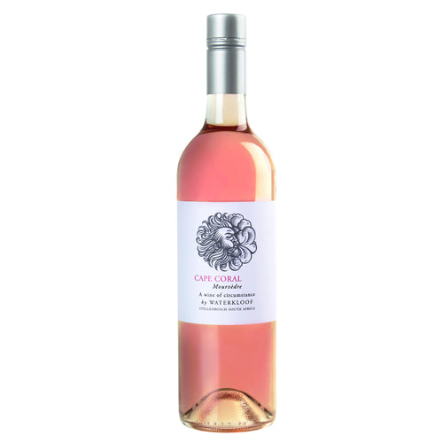 A bottle of Circumstance Cape Coral Rose. It has a white label with a windy image and a silver screw cap. It is all set on a white background.