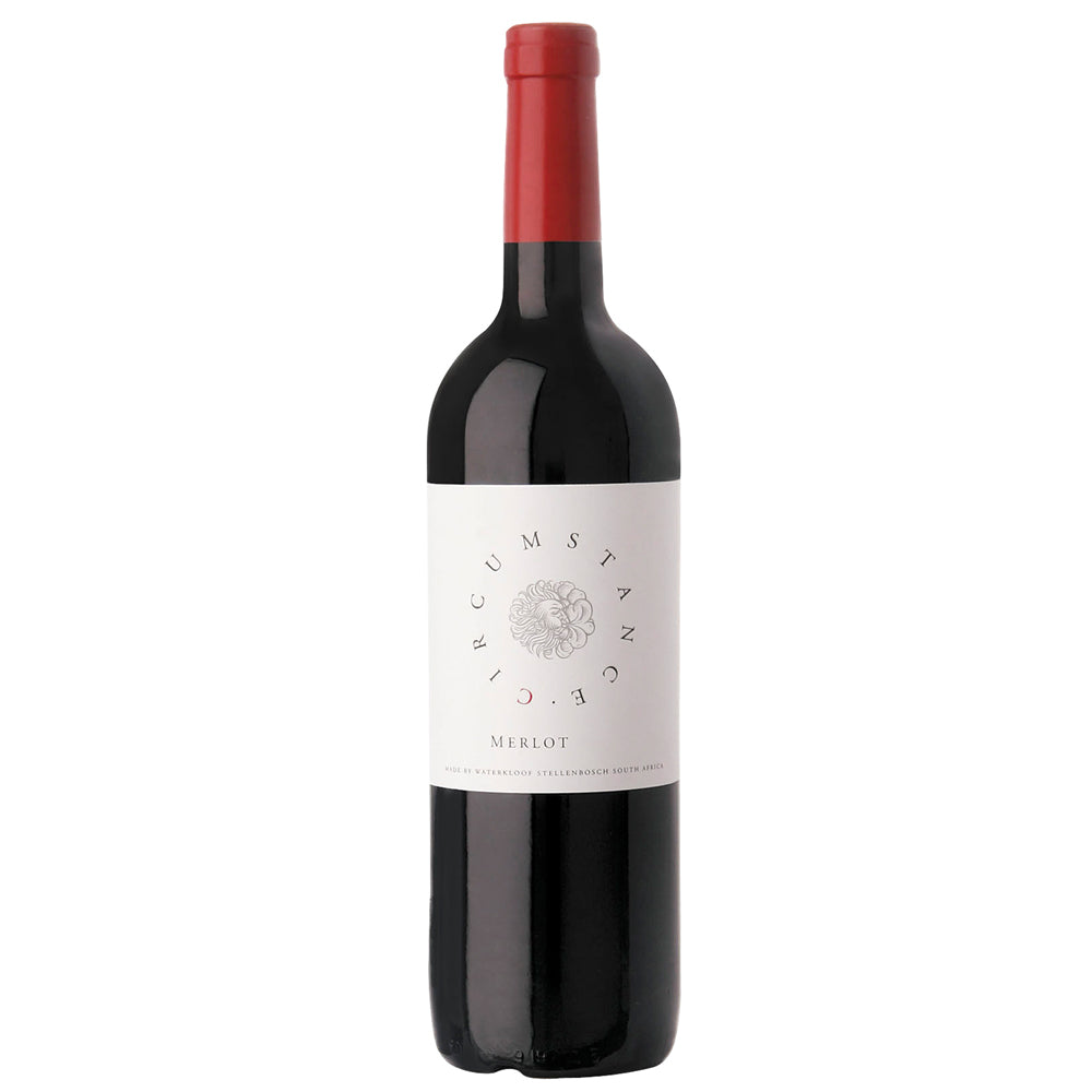 A bottle of Circumstance Merlot red wine with a white label and a red foil capsule at the top, set against a plain white background.