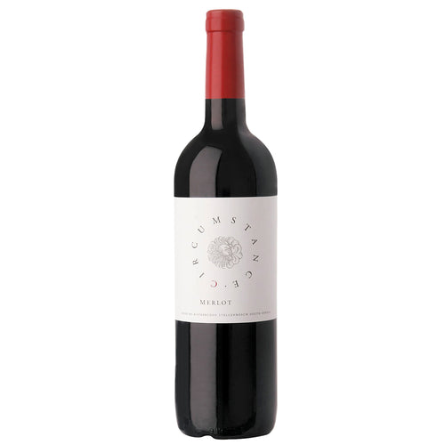 A bottle of Circumstance Merlot red wine with a white label and a red foil capsule at the top, set against a plain white background.