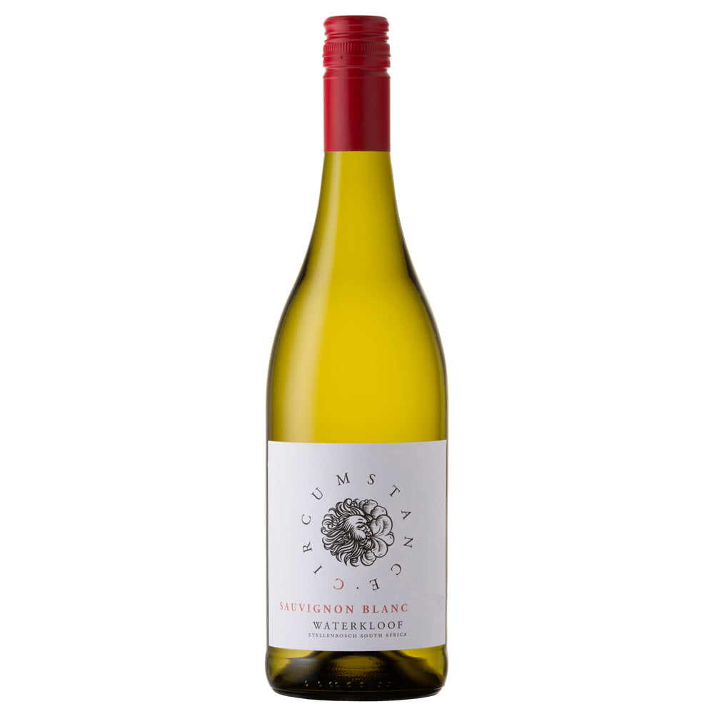 A bottle of Circumstance Sauvignon Blanc white wine, featuring a pale yellow-green glass bottle, a white label with black and red text, and a red screw cap, set against a plain white background.