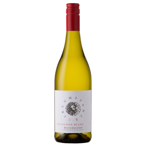 A bottle of Circumstance Sauvignon Blanc white wine, featuring a pale yellow-green glass bottle, a white label with black and red text, and a red screw cap, set against a plain white background.
