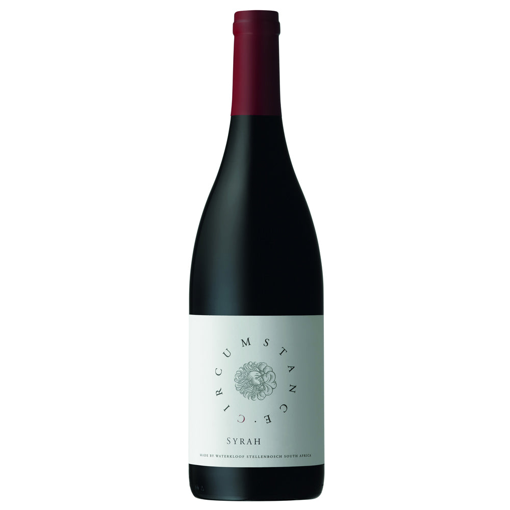 A bottle of Circumstance Syrah red wine, featuring a dark glass bottle with a white label and a red foil capsule, set against a plain white background.