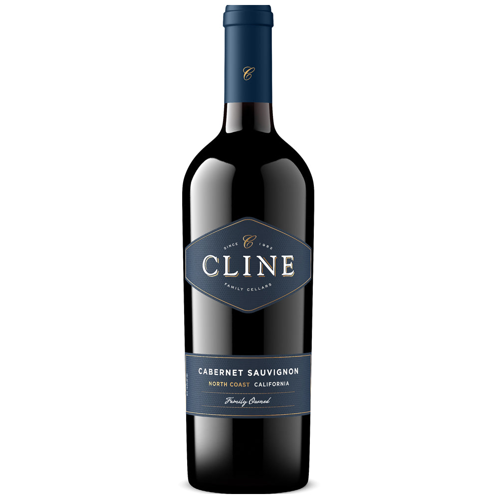 A bottle of Cline Cabernet Sauvignon red wine from California, featuring a dark glass bottle with a navy blue label and a matching navy blue foil capsule at the neck, set against a plain white background.