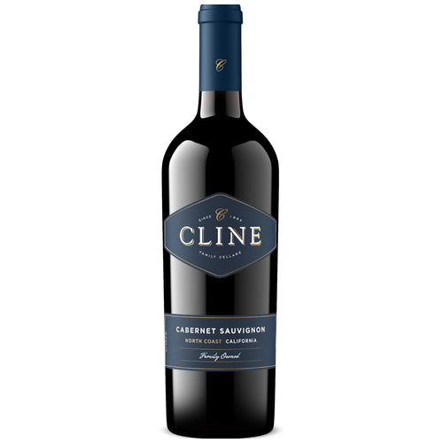 A bottle of Cline Cabernet Sauvignon red wine from California, featuring a dark glass bottle with a navy blue label and a matching navy blue foil capsule at the neck, set against a plain white background.