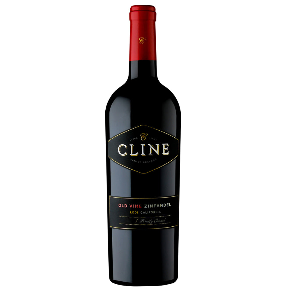 A bottle of Cline Old Vine Zinfandel red wine. It has a black label with white writing and a red foil capsule.