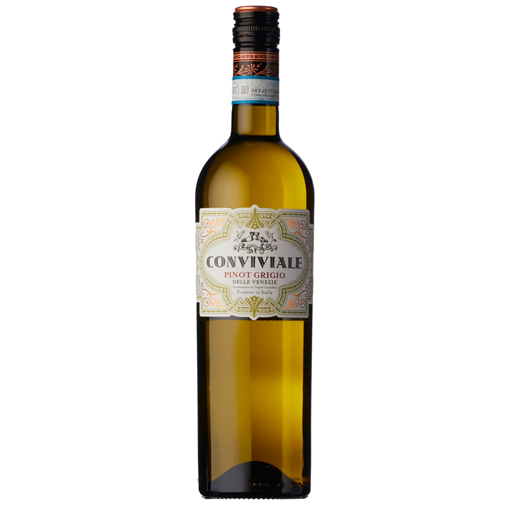 A brown/green bottle of Conviviale Pinot Grigio with an ornate label. It has a black and copper screw cap all set on a white background.