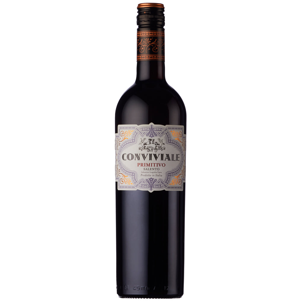 A bottle of Conviviale Primitivo red wine from Salento. The bottle is on a white background with an attractive label and a black and gold screwcap.