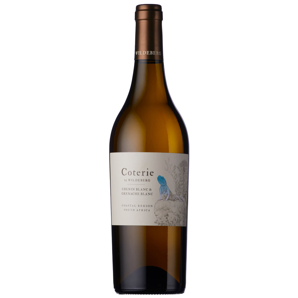 A bottle of Coterie by Wildeberg Chenin Blanc & Grenache Blanc white wine, featuring a dark brown glass bottle with a cream-coloured label and a blue bird illustration, set against a plain white background.