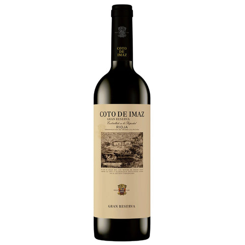 A bottle of Coto de Imaz Gran Reserva red wine, featuring a dark glass bottle with a beige label and black neck foil, set against a plain white background.