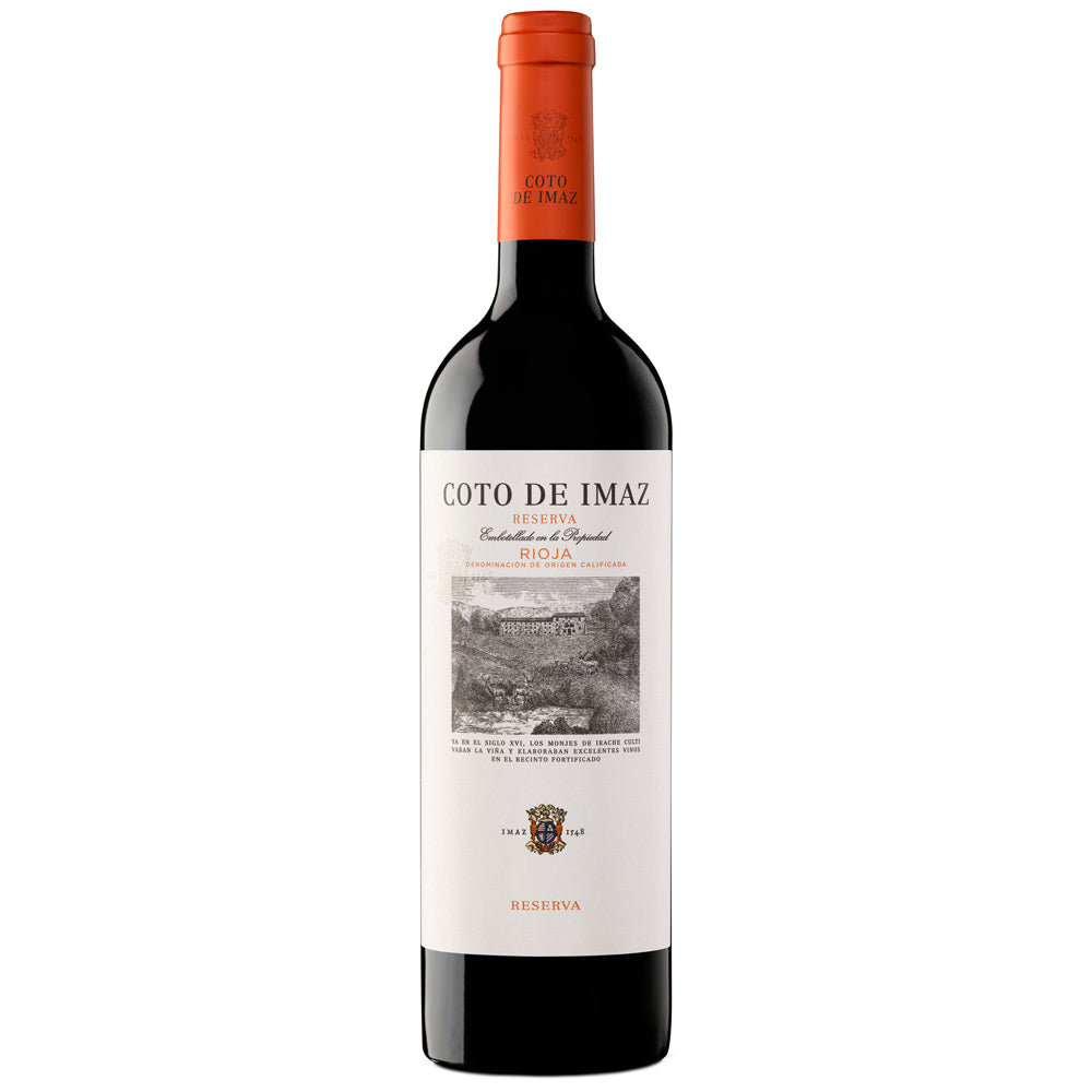 A bottle of Coto de Imaz Reserva red wine with a dark glass body, a white label with black and orange text, and an orange foil capsule at the neck, shown on a plain white background.