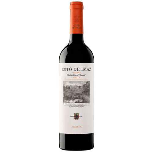 A bottle of Coto de Imaz Reserva red wine with a dark glass body, a white label with black and orange text, and an orange foil capsule at the neck, shown on a plain white background.