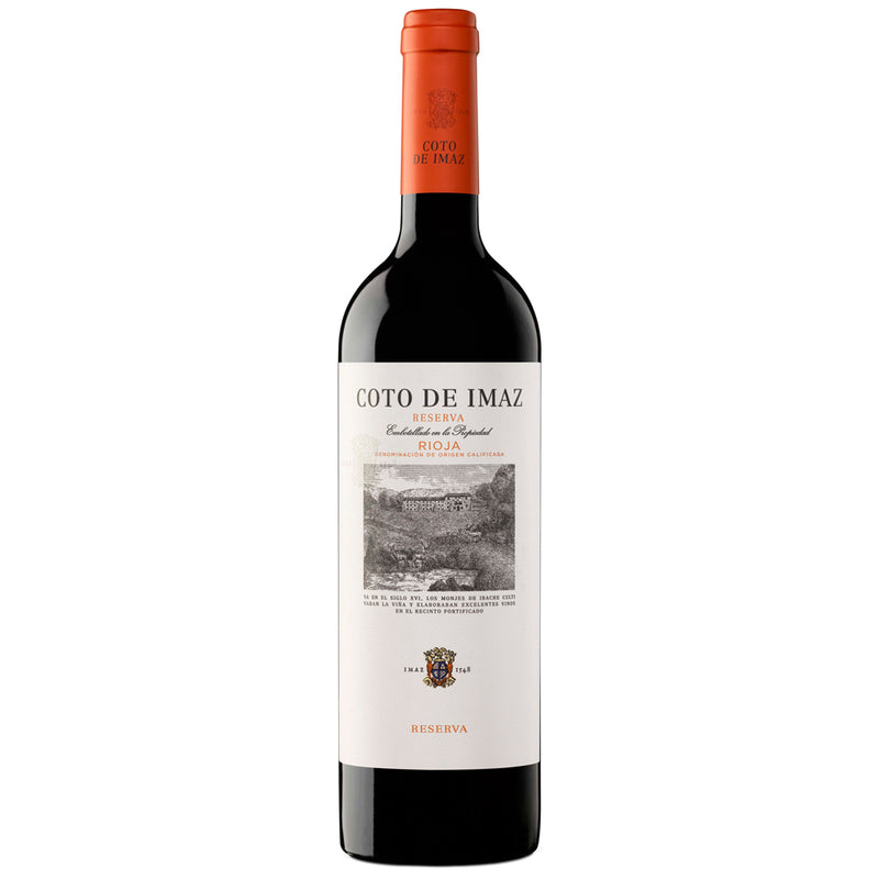 A bottle of Coto de Imaz Reserva red wine with a dark glass body, a white label with black and orange text, and an orange foil capsule at the neck, shown on a plain white background.
