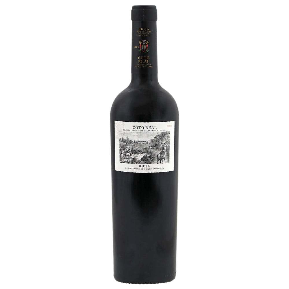 A bottle of Coto Real Rioja red wine, featuring a dark glass bottle with a white vintage-style label and gold foil on the neck, set against a plain white background.