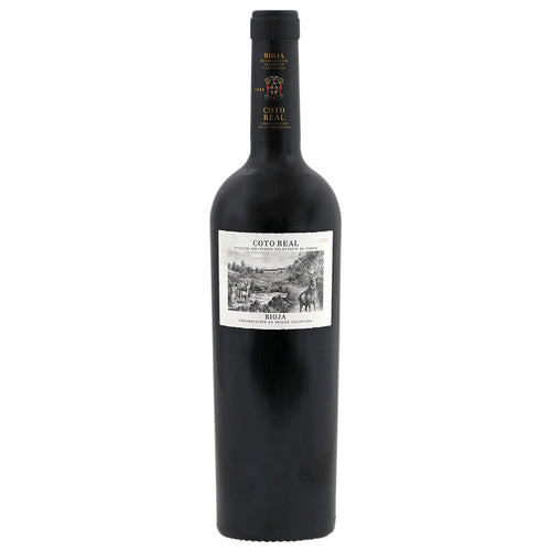 A bottle of Coto Real Rioja red wine, featuring a dark glass bottle with a white vintage-style label and gold foil on the neck, set against a plain white background.