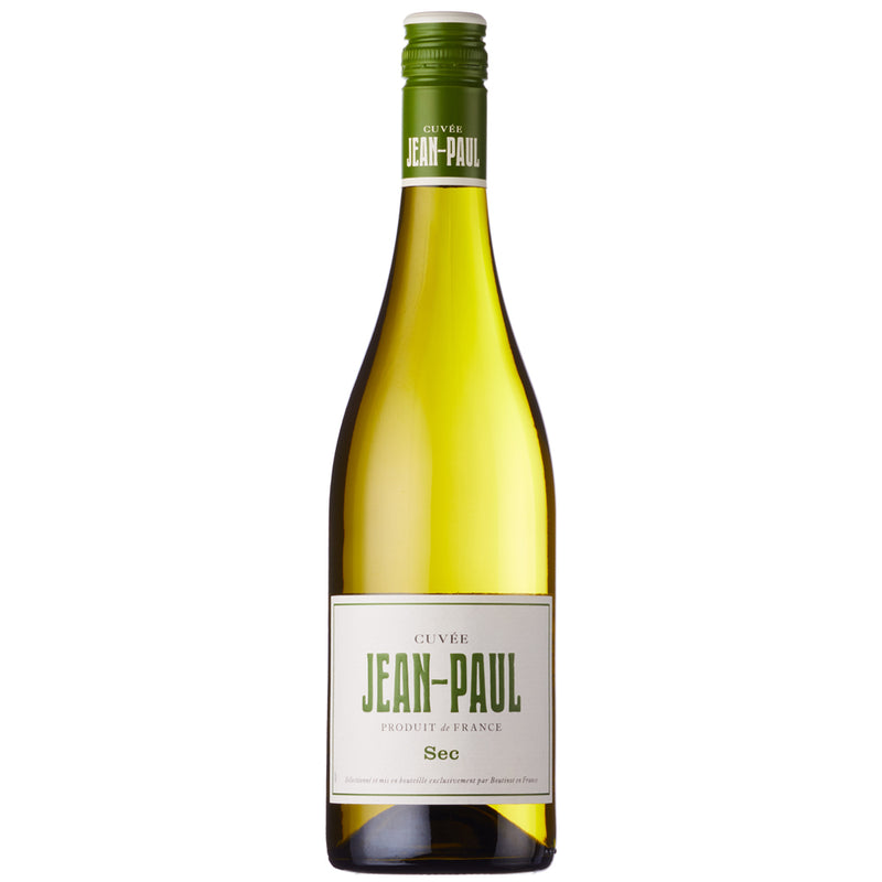 A bottle of Cuvee Jean Paul Sec wine. It has a white label with green writing and a green screw cap.