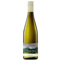 A bottle of Tasmania Devils Corner Riesling white wine, featuring a dark green glass bottle with a cream-colored neck foil and a detailed label depicting a red boat on green water.