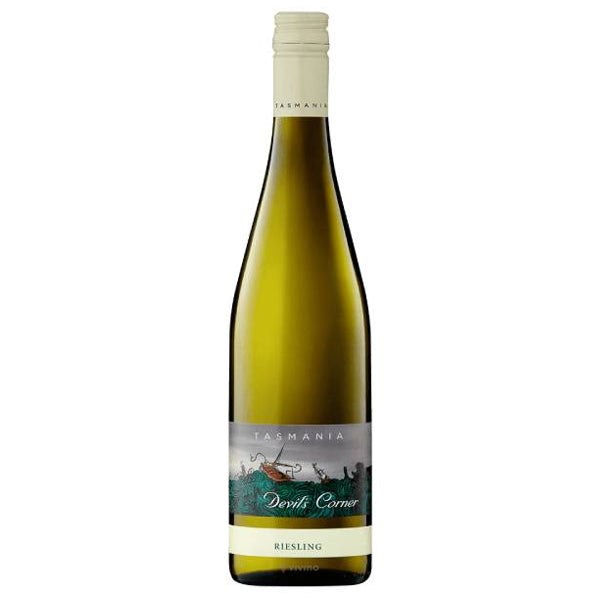 A bottle of Tasmania Devils Corner Riesling white wine, featuring a dark green glass bottle with a cream-colored neck foil and a detailed label depicting a red boat on green water.