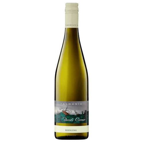 A bottle of Tasmania Devils Corner Riesling white wine, featuring a dark green glass bottle with a cream-colored neck foil and a detailed label depicting a red boat on green water.