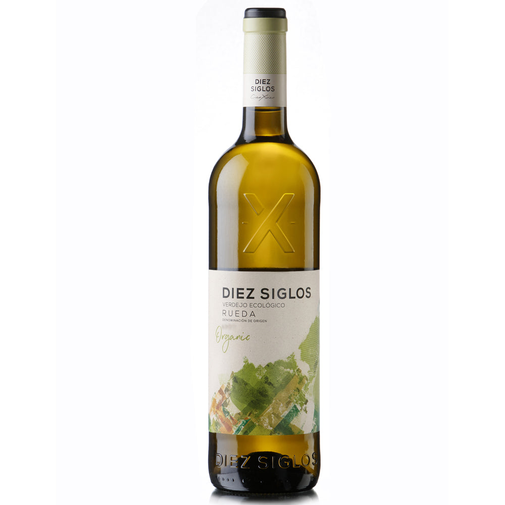 A bottle of Diez Siglos Rueda Verdejo organic white wine, featuring a pale green glass bottle with a cream-coloured label and a gold foil capsule at the neck, set against a plain white background.