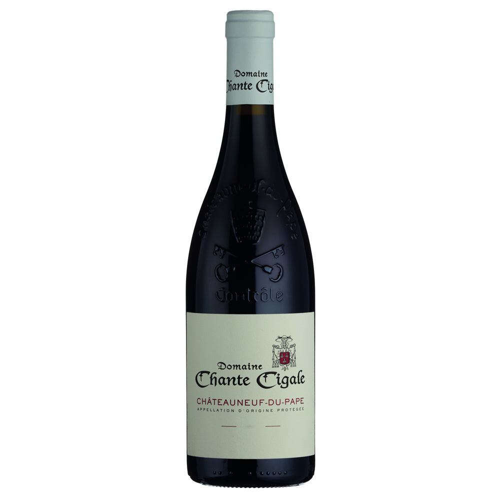 A bottle of Domaine Chante Cigale Châteauneuf-du-Pape red wine, featuring a dark glass bottle with a cream-coloured label and a light grey capsule, set against a plain white background.