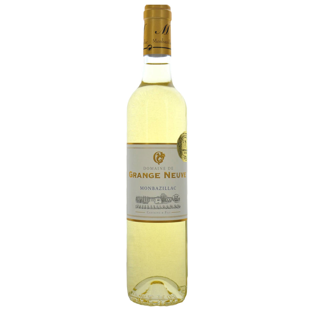 A 500ml bottle of Domaine de Grange Neuve Monbazillac. It has a white label with gold and black writing and has a gold foil capsule.