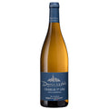 A bottle of Domaine de la Motte Chablis premier cru Vau Ligneau white wine, featuring a deep blue label and a dark blue screw cap, set against a plain white background.