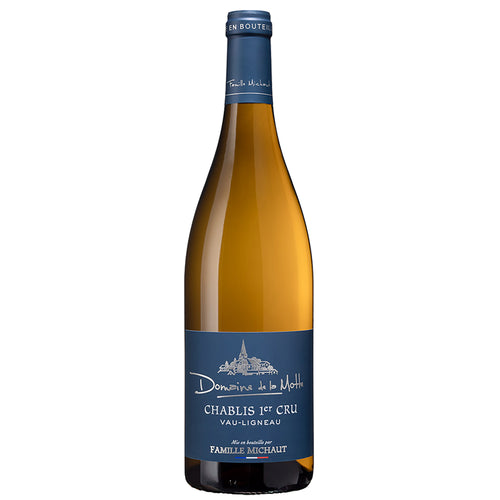 A bottle of Domaine de la Motte Chablis premier cru Vau Ligneau white wine, featuring a deep blue label and a dark blue screw cap, set against a plain white background.