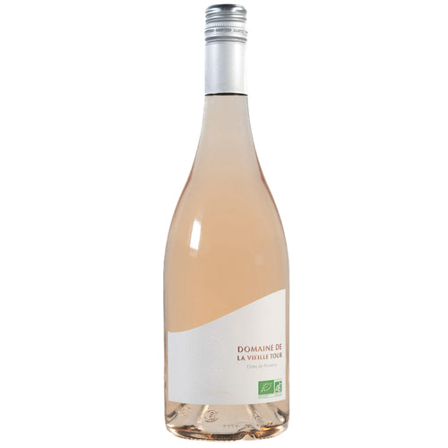 A bottle of Vieille Tour Provence rosé wine with a pale pink liquid, a white label, and a silver screw cap, shown against a plain white background.