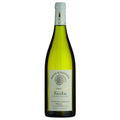 A bottle of Maltaverne Pouilly Fume white wine. The green bottle has a beige label with black and gold writing and a picture of an ammonite fossil. It has a white foil capsule
