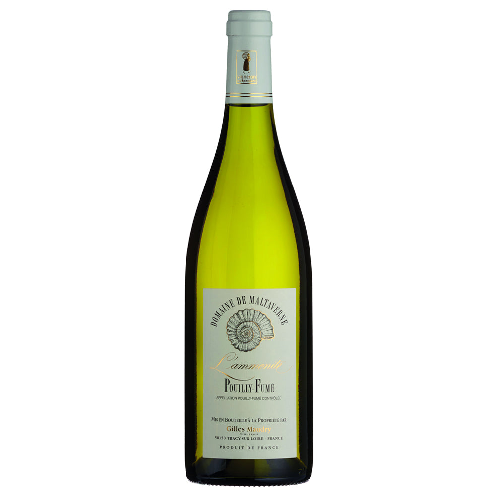 A bottle of Maltaverne Pouilly Fume white wine. The green bottle has a beige label with black and gold writing and a picture of an ammonite fossil. It has a white foil capsule