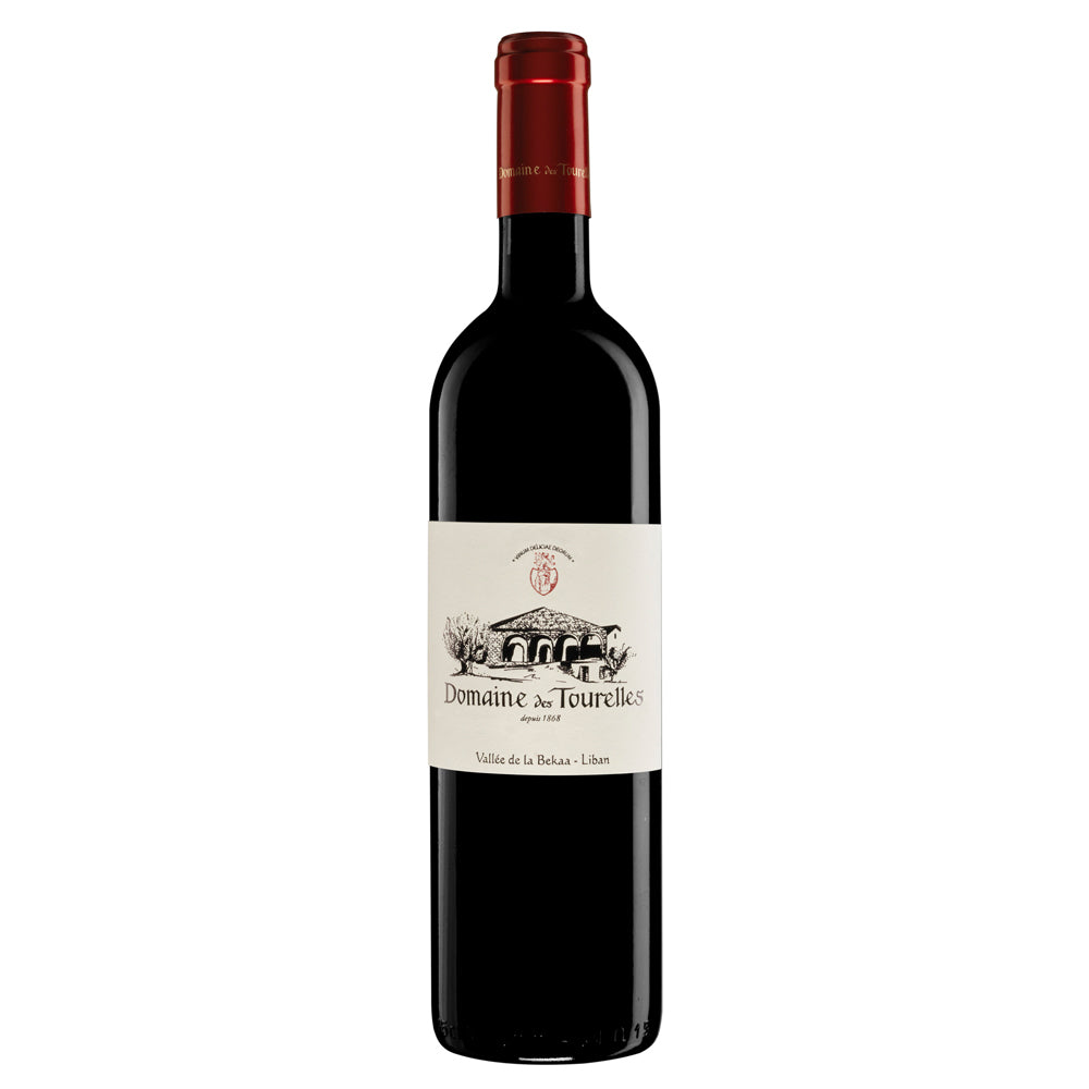 A bottle of Domaine de Tourelles red wine, featuring a dark glass bottle with a cream-coloured label and a red foil capsule at the top, set against a plain white background.