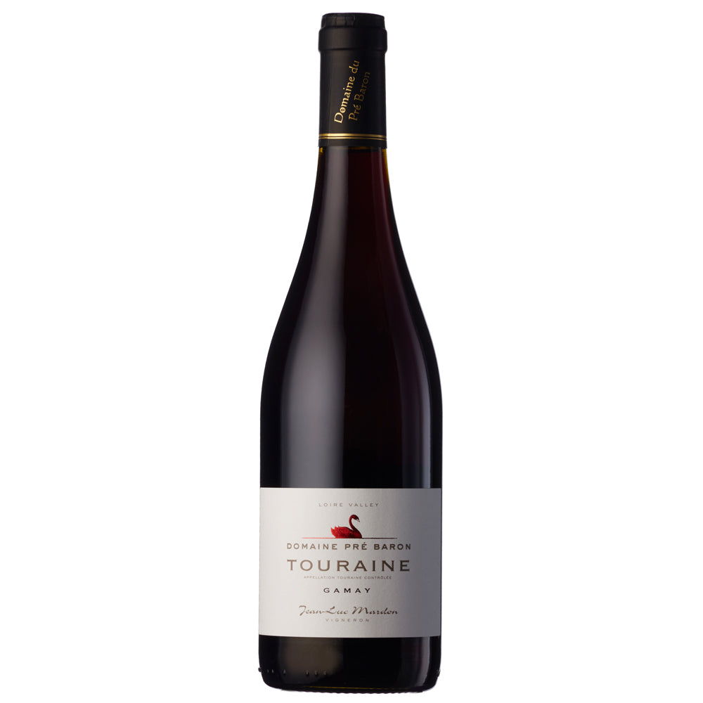 A dark bottle of Pre Baron Gamay red wine. It has a white label with gold writing and a black foil capsule.