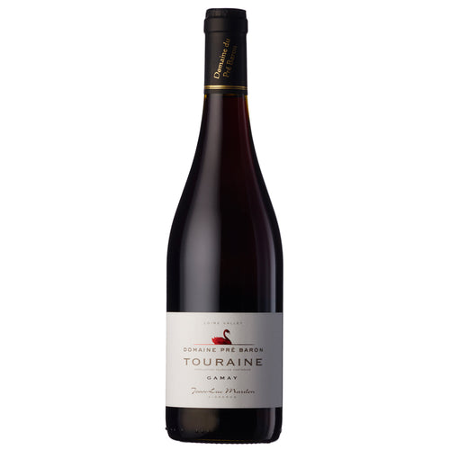 A dark bottle of Pre Baron Gamay red wine. It has a white label with gold writing and a black foil capsule.