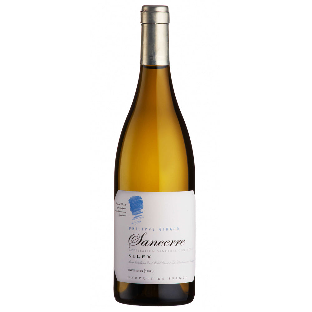 A bottle of Michel Girard Sancerre Silex white wine, featuring a pale golden-amber liquid, a white label with blue and black text, and a silver foil capsule, set against a plain white background.
