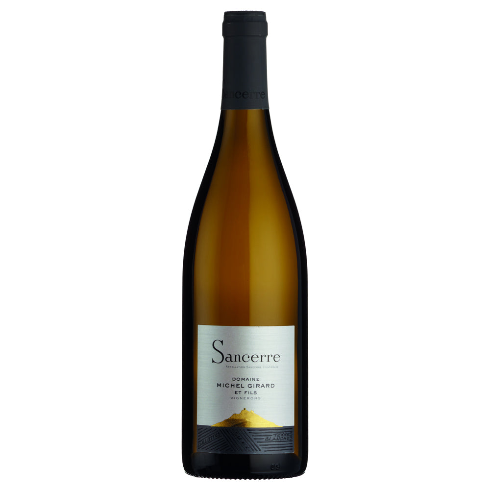 A half bottle of Michel Girard Sancerre white wine. It has a silver and blue label with a black foil capsule