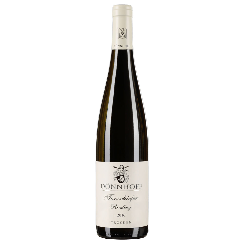 A bottle of Donnhoff Tonschiefer Dry Slate Riesling, with a white label with black writing