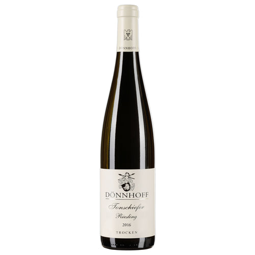 A bottle of Donnhoff Tonschiefer Dry Slate Riesling, with a white label with black writing