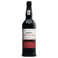 A bottle of Dow's Fine Ruby Port wine, featuring a dark glass bottle with a white and red label, set against a plain white background.