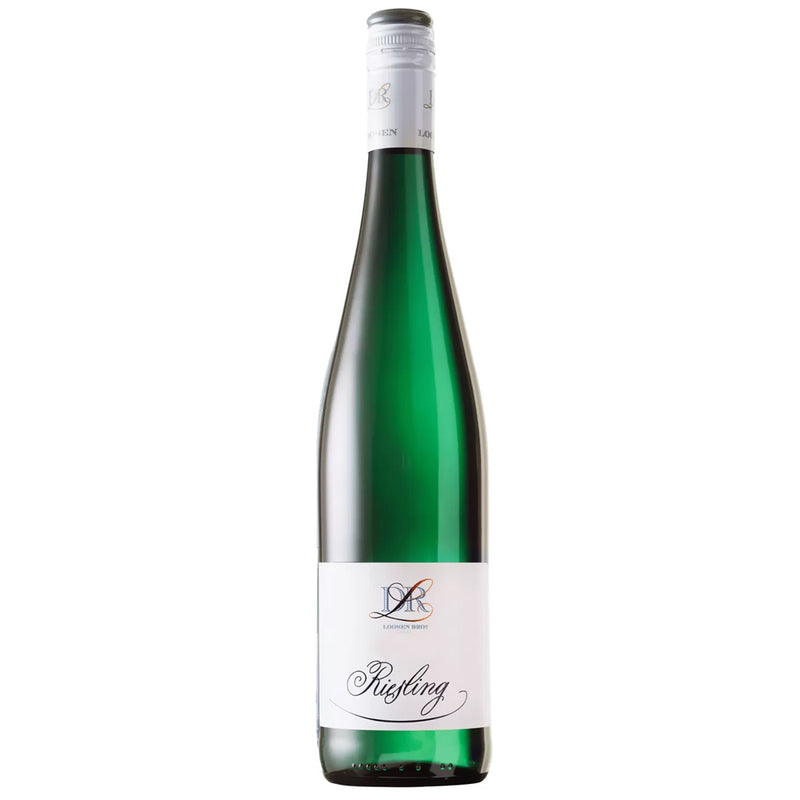 A bottle of Dr L Riesling white wine in a dark green glass bottle with a white paper label and silver foil at the top, shown against a plain white background.
