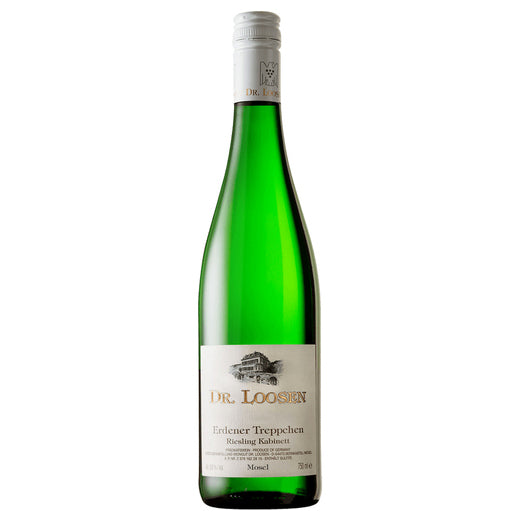 A green glass bottle of Dr. Loosen Erderener Treppchen Riesling against a plain white background.