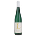A green glass bottle of Dr Loosen Fruity Riesling wine with a white label featuring a large gold letter 'L' and a white capsule seal at the neck, set against a plain white background.