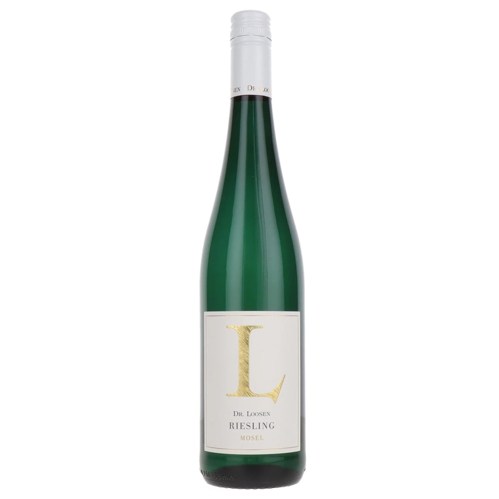 A green glass bottle of Dr Loosen Fruity Riesling wine with a white label featuring a large gold letter 'L' and a white capsule seal at the neck, set against a plain white background.