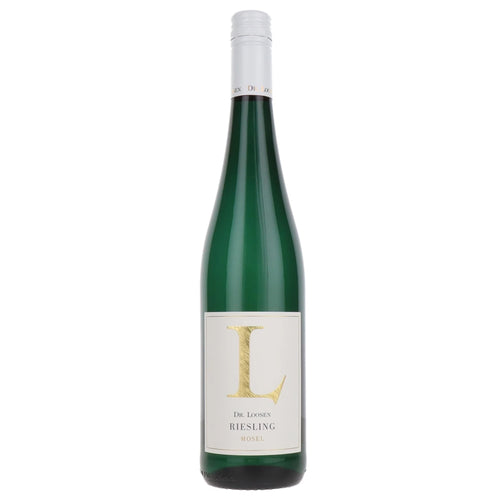 A green glass bottle of Dr Loosen Fruity Riesling wine with a white label featuring a large gold letter 'L' and a white capsule seal at the neck, set against a plain white background.