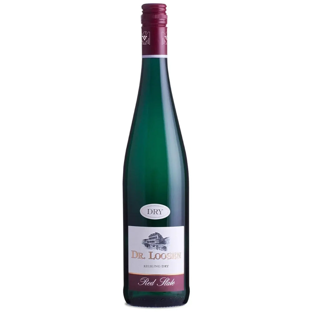 A bottle of Dr Loosen Red Slate Riesling wine in a dark green glass bottle with a white and burgundy label, on a plain white background.
