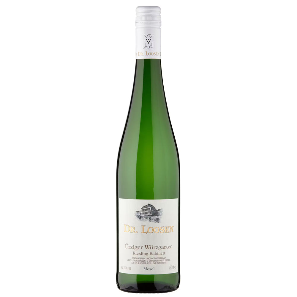 A bottle of Dr. Loosen urziger wurzgarten kabinett Riesling, featuring a green glass bottle, white label, and white foil cap on a white background.