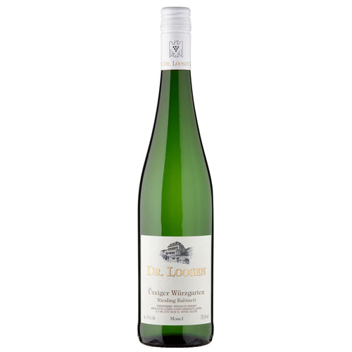 A bottle of Dr. Loosen urziger wurzgarten kabinett Riesling, featuring a green glass bottle, white label, and white foil cap on a white background.
